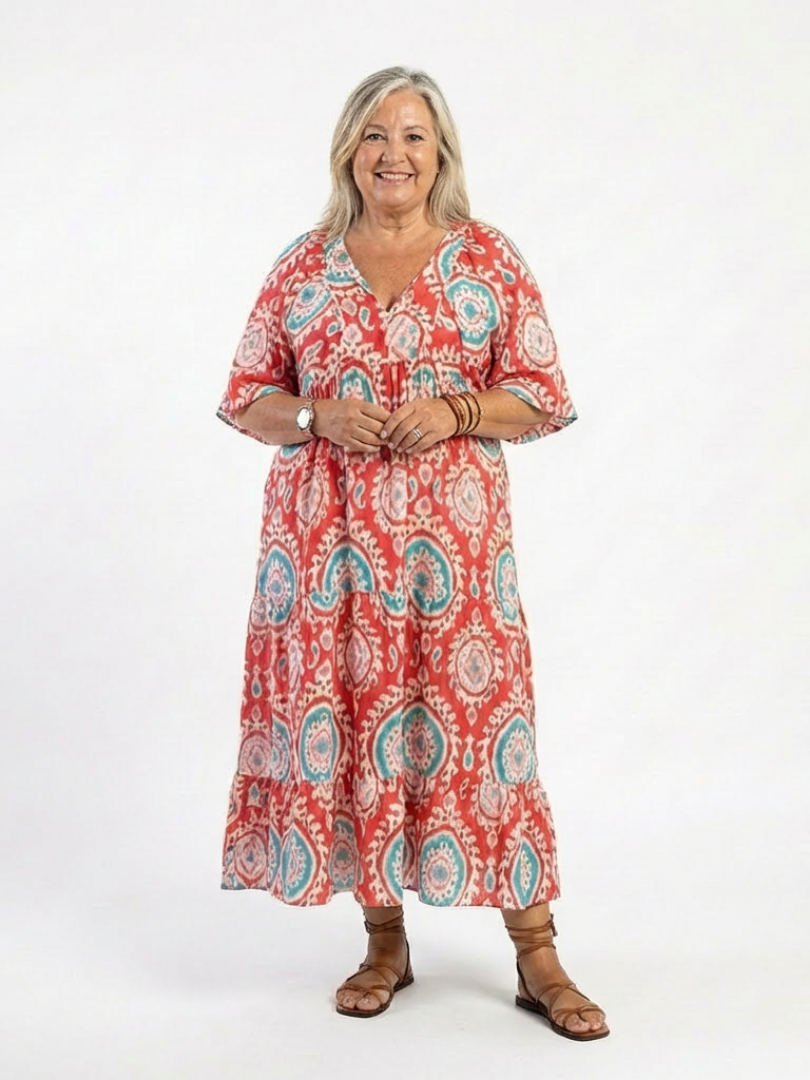 Zaria | Vestido Midi de Manga Corta con Escote en V Estampado Cachemir