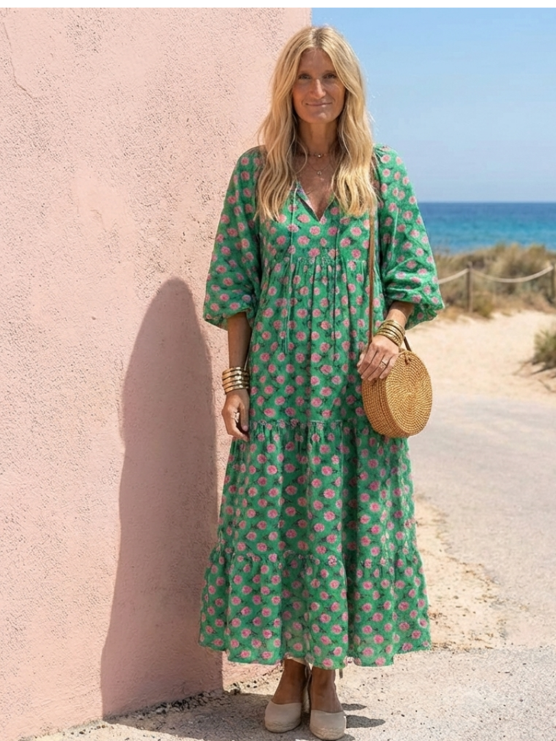 Fiora | Vestido Midi de Volantes con Escote en V Estampado Floral