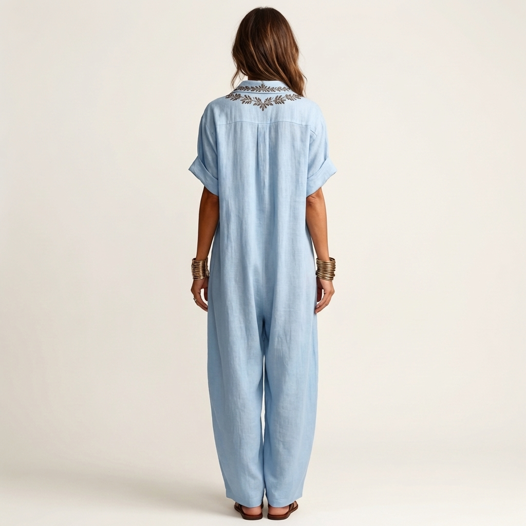 Petra | Vestido de lino con collar en V bordado