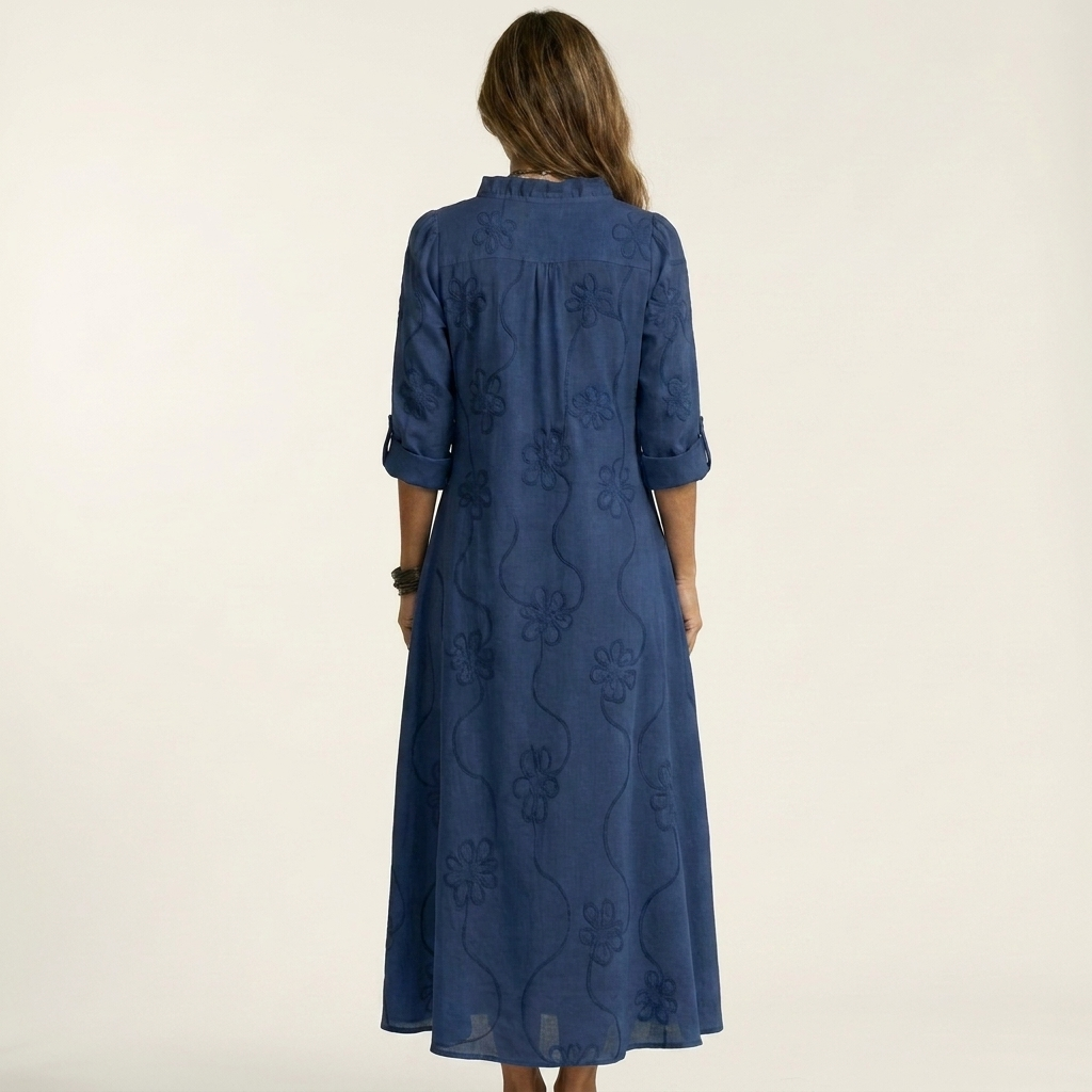 Odalys | Vestido de algodón-lino con bordado floral