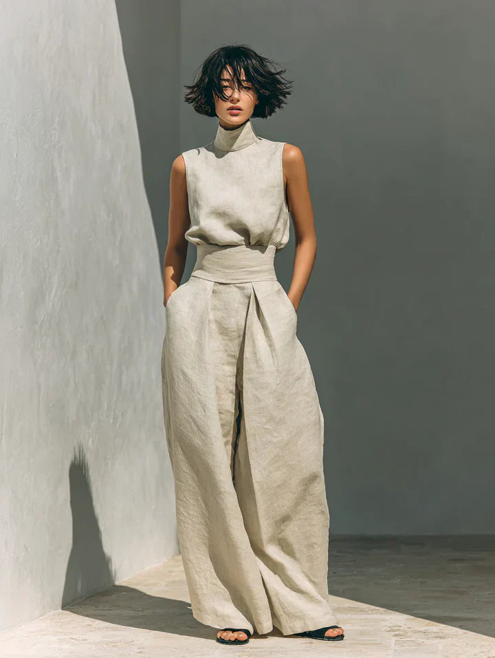 Flor™ | Conjunto minimalista de top y pantalones de pierna ancha en algodón y lino para mujer