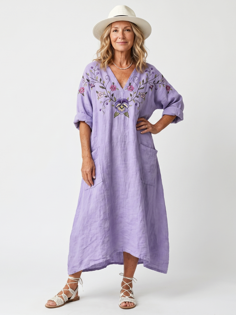 Tavi | Vestido Midi Oversize Bordado de Flores con Bolsillos