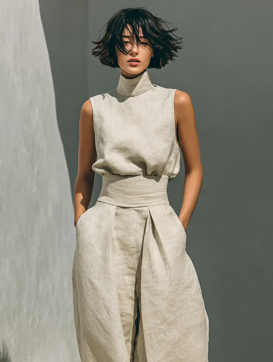 Flor™ | Conjunto minimalista de top y pantalones de pierna ancha en algodón y lino para mujer