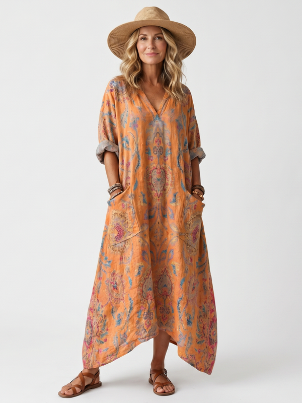 Remi | Vestido Midi Oversize con Cuello Con Escote Impreso y Bolsillos