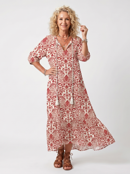 Noelle | Vestido Midi con Nudo de Estampado Ornamental