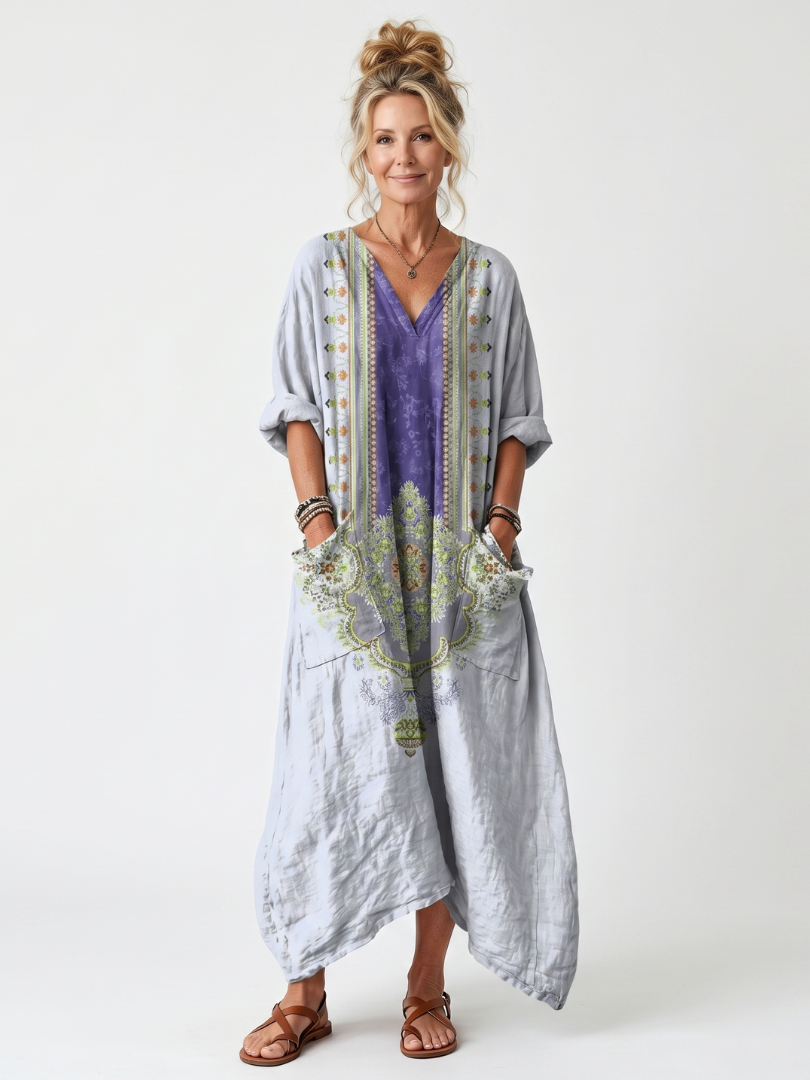 Raina | Vestido Midi Oversize con Empalme Contrastante Bordado y Bolsillos