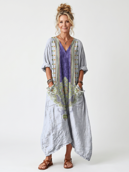 Raina | Vestido Midi Oversize con Empalme Contrastante Bordado y Bolsillos