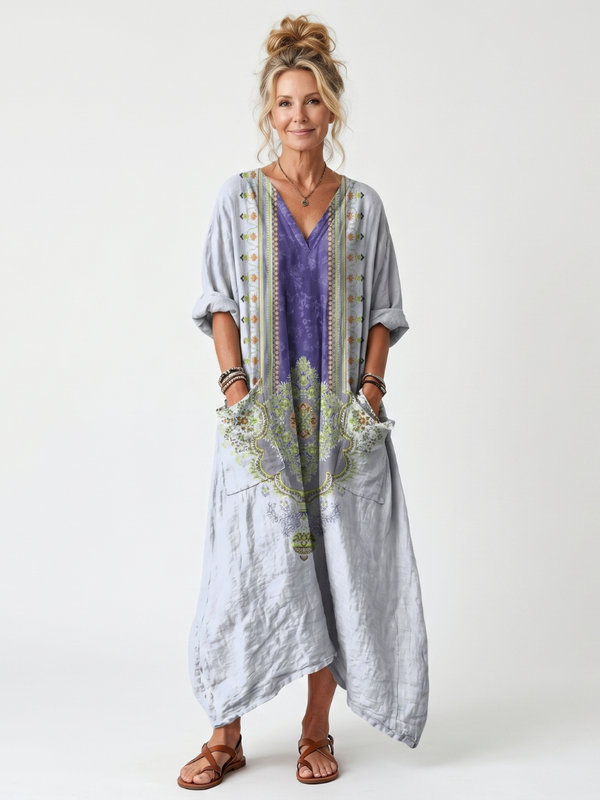 Raina | Vestido Midi Oversize con Empalme Contrastante Bordado y Bolsillos
