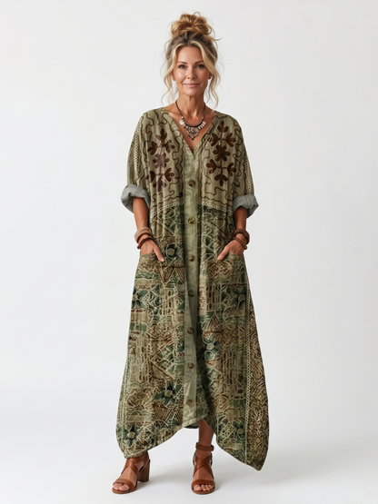 Aleta | Vestido Midi Oversize Botonado Bordado con Bolsillos