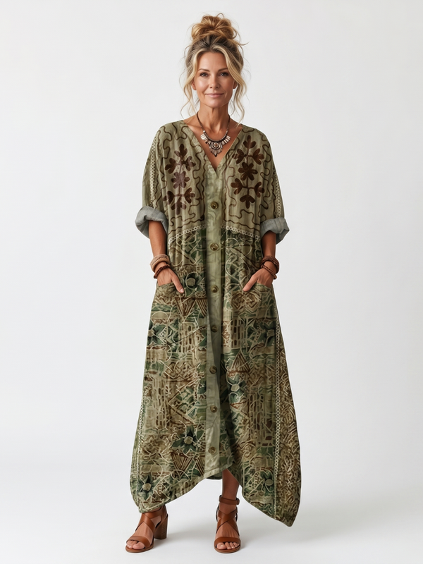 Aleta | Vestido Midi Oversize Botonado Bordado con Bolsillos