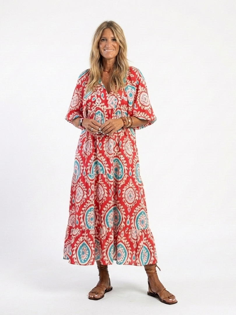 Zaria | Vestido Midi de Manga Corta con Escote en V Estampado Cachemir