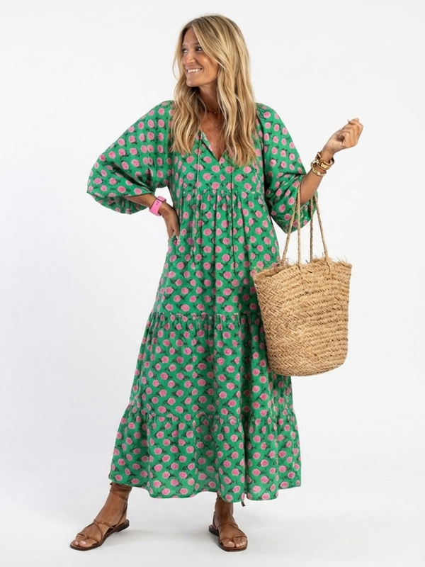 Fiora | Vestido Midi de Volantes con Escote en V Estampado Floral