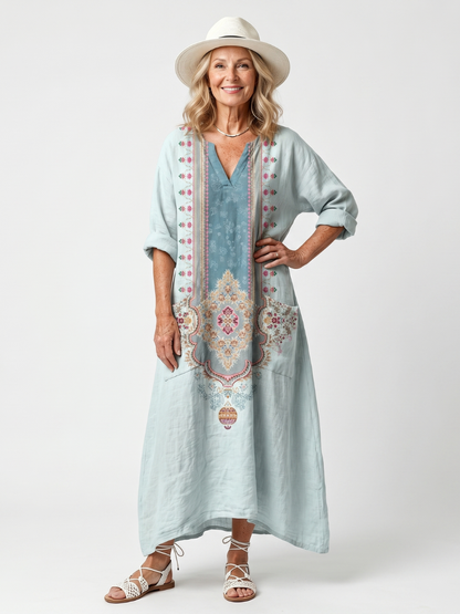 Kassiani | Vestido Midi Oversize con Bordado Ornamental y Bolsillos