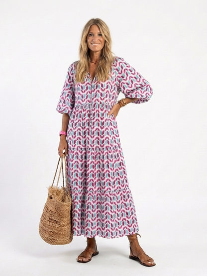 Mireya | Vestido Midi con Volantes de Manga Larga Estampado Geométrico