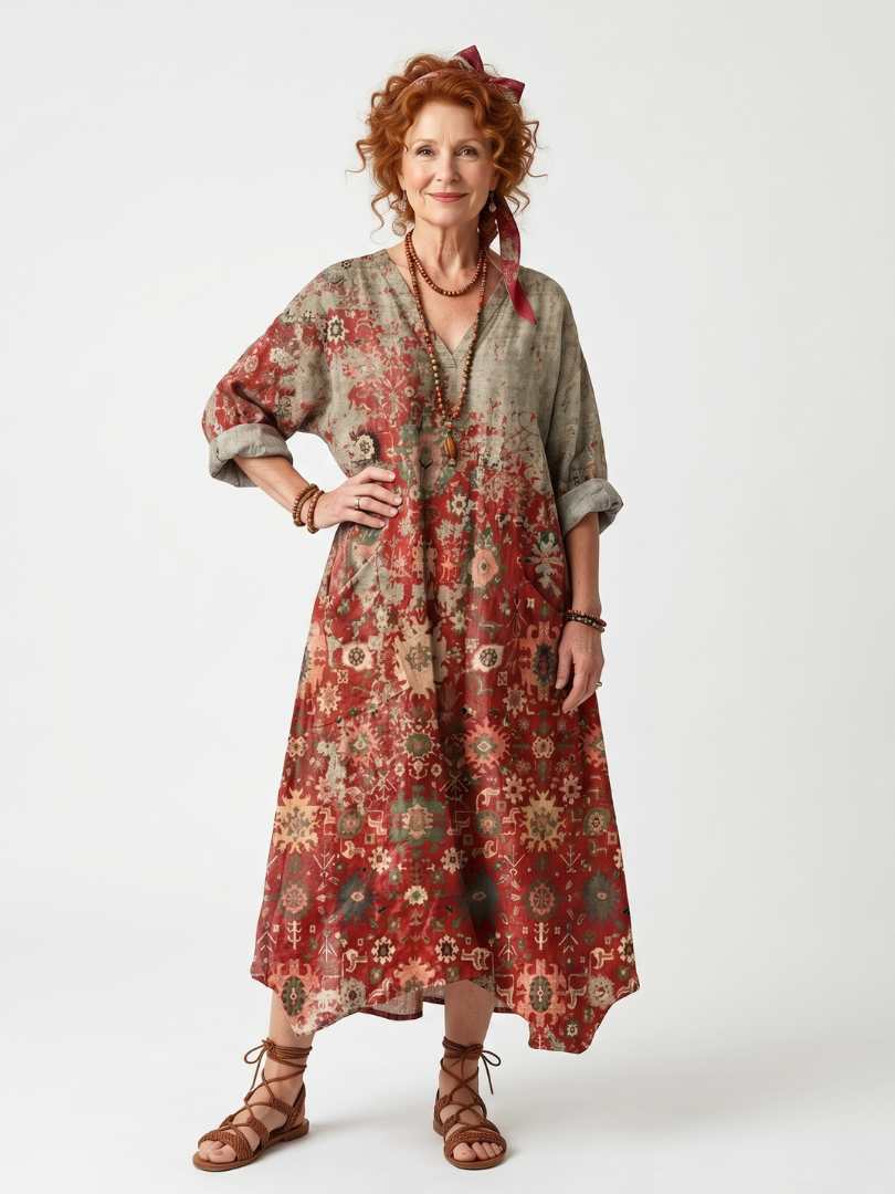 Azafrán | Vestido Midi Informal con Estampado Mixto y Bolsillos