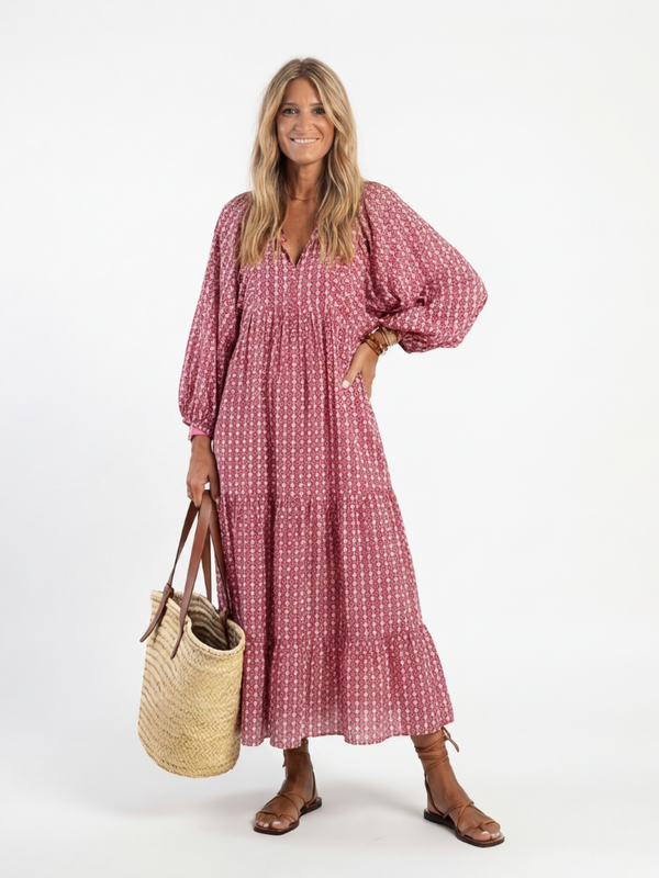 Arlette | Vestido Midi de Manga Larga con Estampado Geométrico