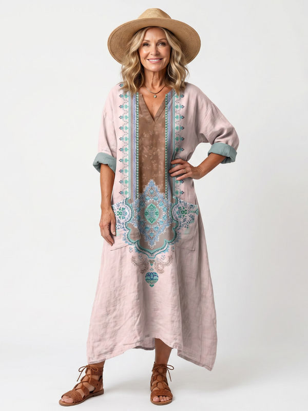 Kenza | Vestido Midi Casual con Bordado y Bolsillos