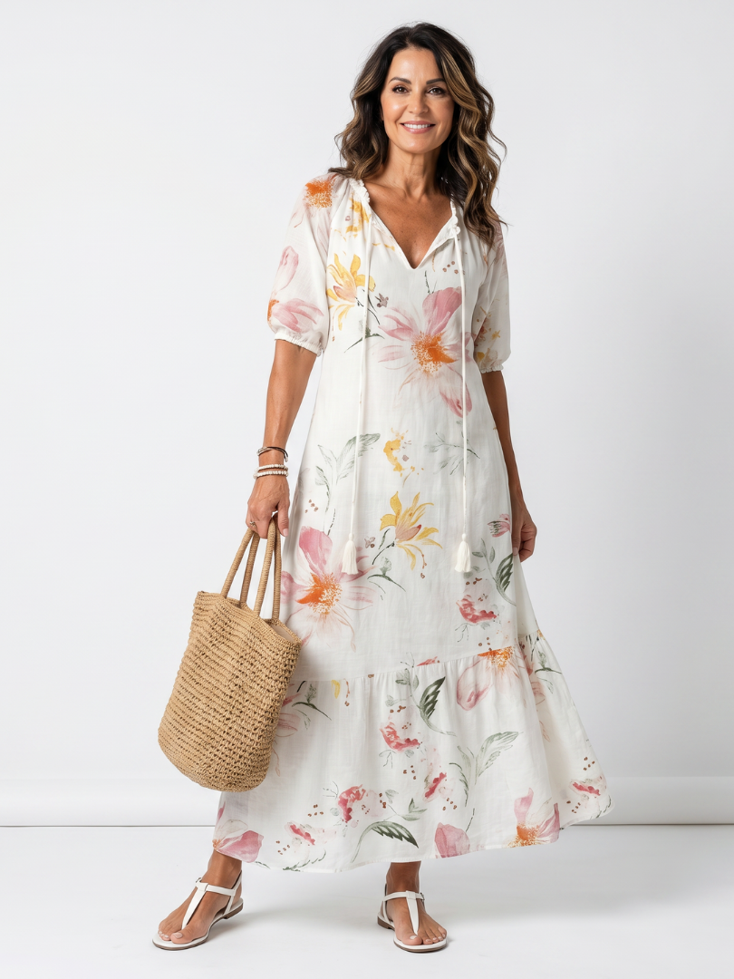 Noa | Vestido Midi de Volantes y Pompones con Estampado Floral Suave