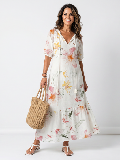 Noa | Vestido Midi de Volantes y Pompones con Estampado Floral Suave
