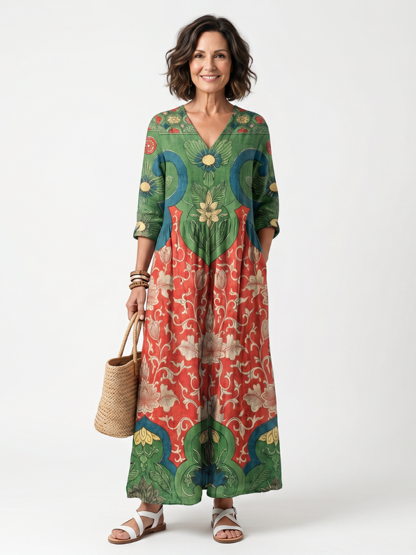Sloane | Vestido Midi de Cuello en V Impreso Mixto con Bolsillos
