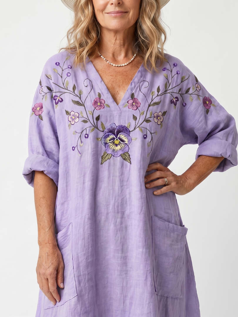 Tavi | Vestido Midi Oversize Bordado de Flores con Bolsillos
