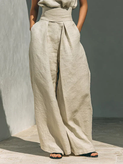 Flor™ | Conjunto minimalista de top y pantalones de pierna ancha en algodón y lino para mujer