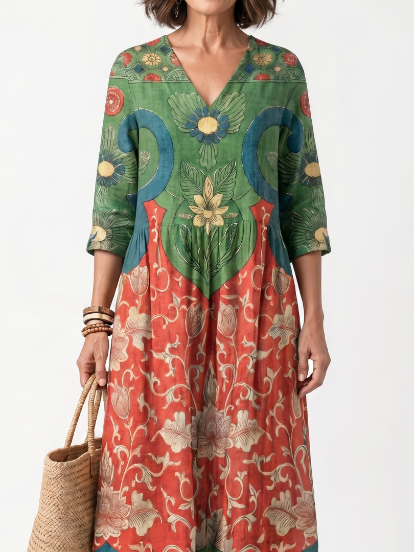 Sloane | Vestido Midi de Cuello en V Impreso Mixto con Bolsillos