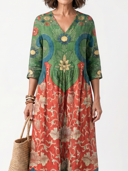 Sloane | Vestido Midi de Cuello en V Impreso Mixto con Bolsillos