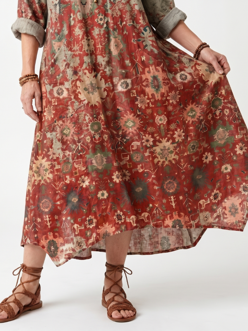 Azafrán | Vestido Midi Informal con Estampado Mixto y Bolsillos