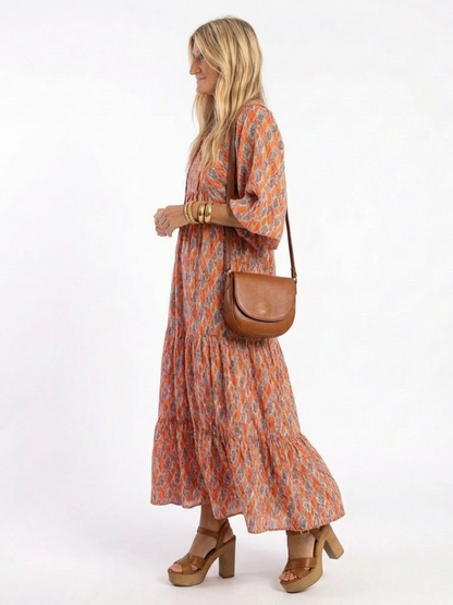 Amara | Vestido Midi de Volantes con Escote en V de Estampado Geométrico