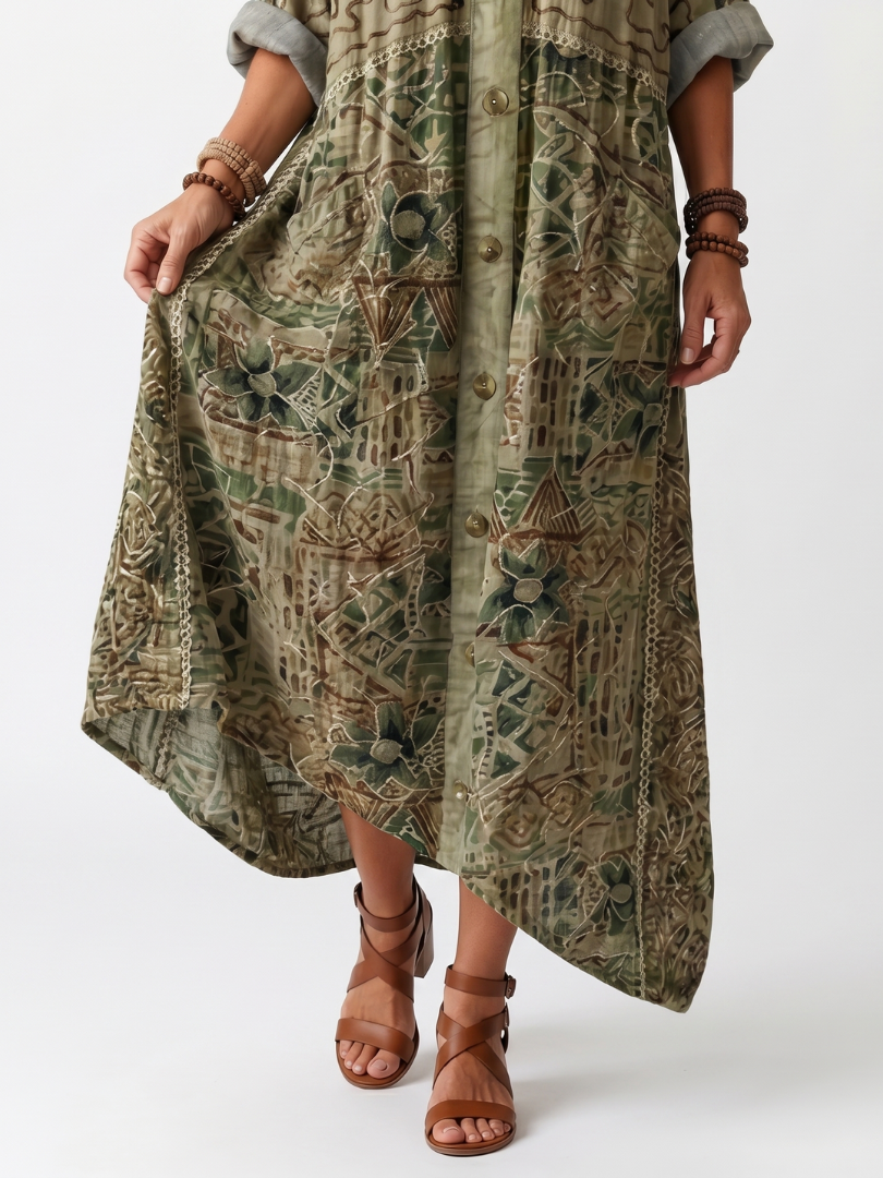 Aleta | Vestido Midi Oversize Botonado Bordado con Bolsillos