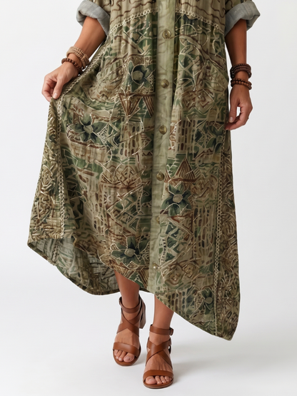 Aleta | Vestido Midi Oversize Botonado Bordado con Bolsillos