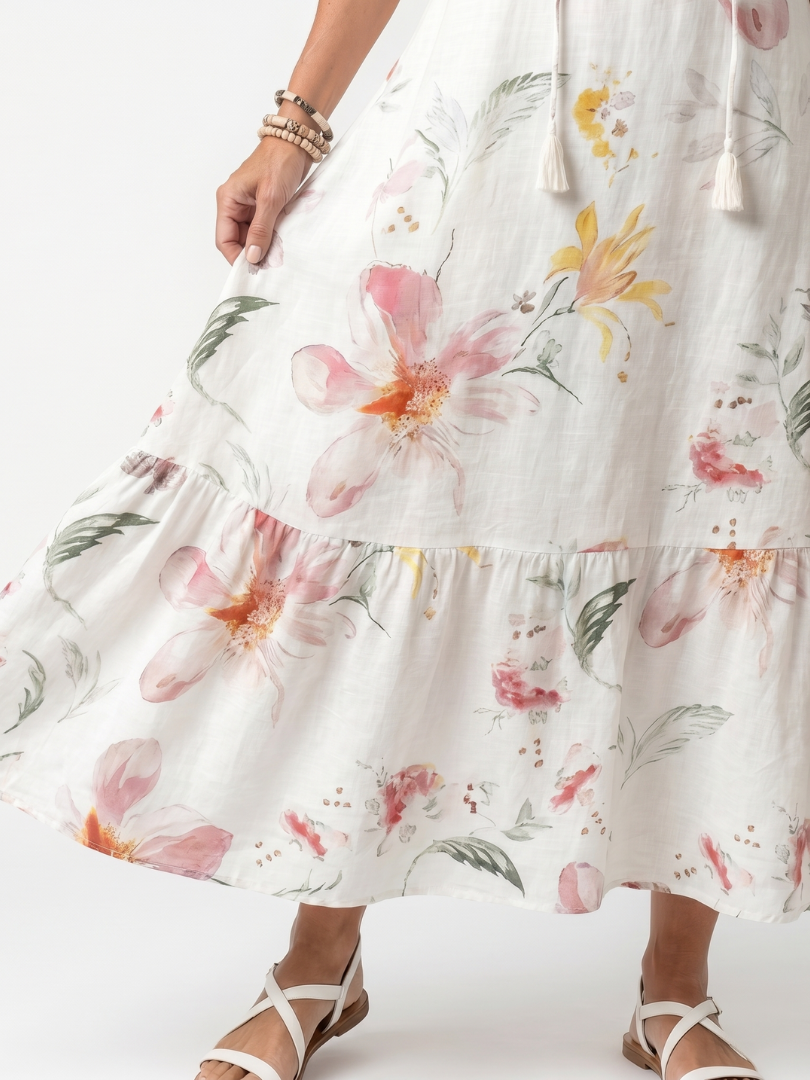 Noa | Vestido Midi de Volantes y Pompones con Estampado Floral Suave