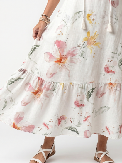 Noa | Vestido Midi de Volantes y Pompones con Estampado Floral Suave