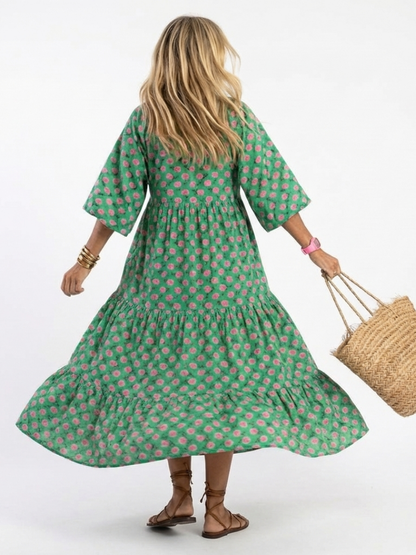 Fiora | Vestido Midi de Volantes con Escote en V Estampado Floral
