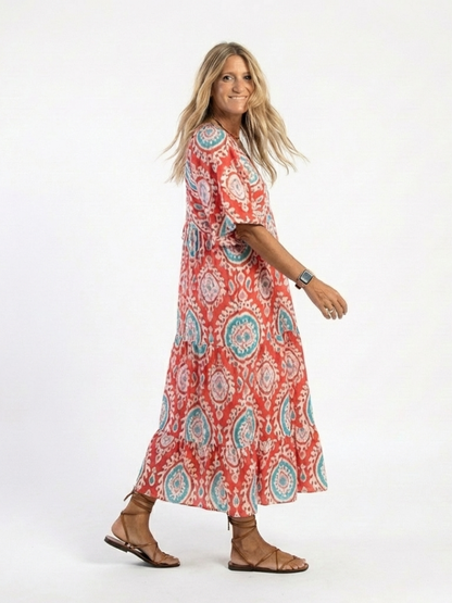 Zaria | Vestido Midi de Manga Corta con Escote en V Estampado Cachemir