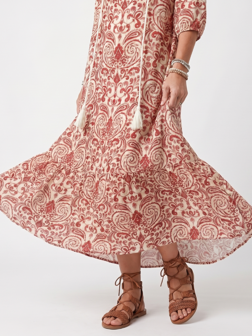 Noelle | Vestido Midi con Nudo de Estampado Ornamental