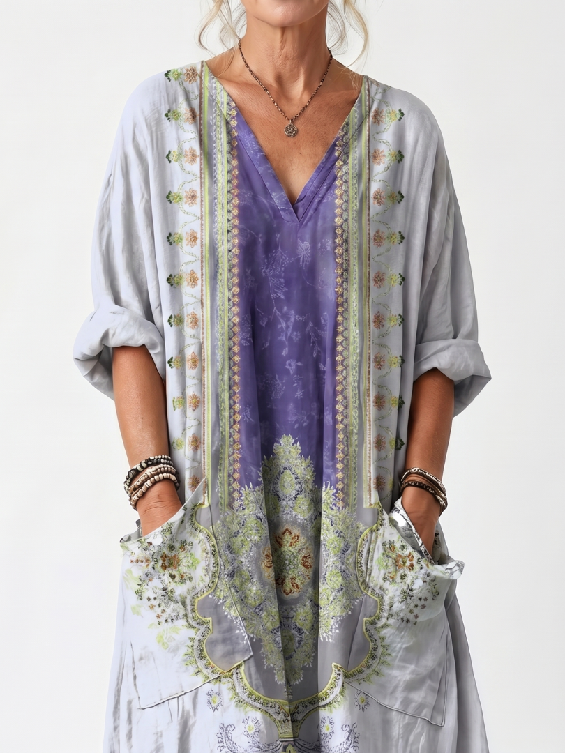 Raina | Vestido Midi Oversize con Empalme Contrastante Bordado y Bolsillos
