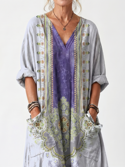 Raina | Vestido Midi Oversize con Empalme Contrastante Bordado y Bolsillos