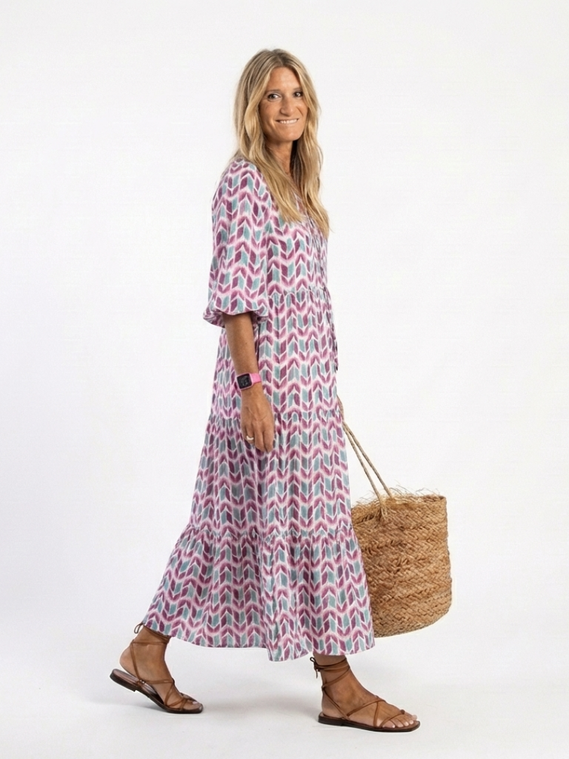 Mireya | Vestido Midi con Volantes de Manga Larga Estampado Geométrico