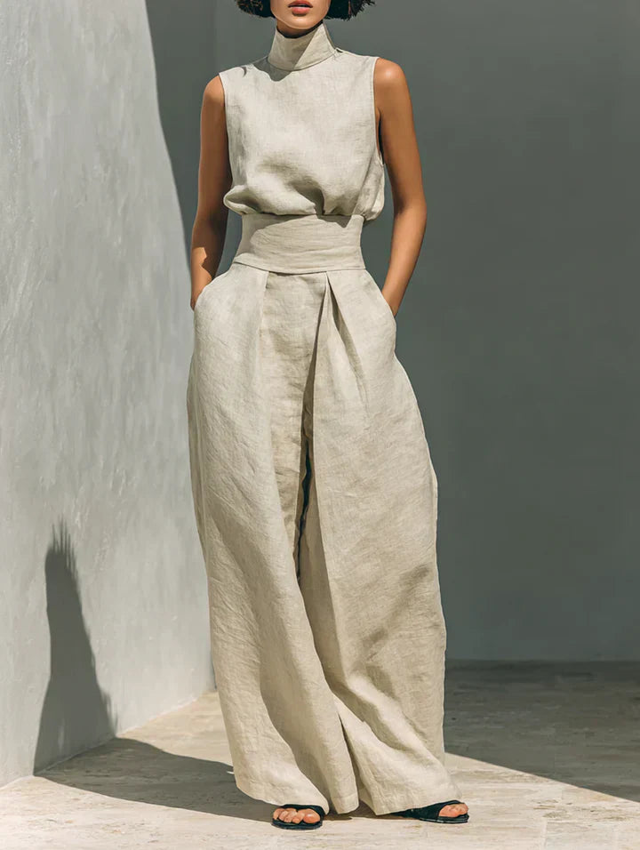 Flor™ | Conjunto minimalista de top y pantalones de pierna ancha en algodón y lino para mujer