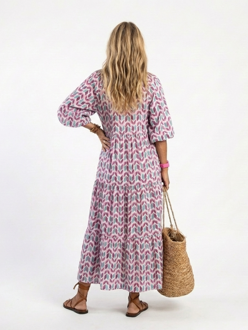 Mireya | Vestido Midi con Volantes de Manga Larga Estampado Geométrico