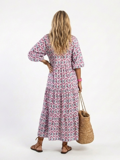 Mireya | Vestido Midi con Volantes de Manga Larga Estampado Geométrico