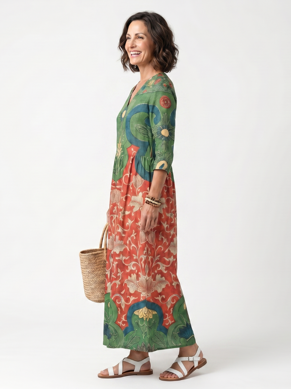 Sloane | Vestido Midi de Cuello en V Impreso Mixto con Bolsillos
