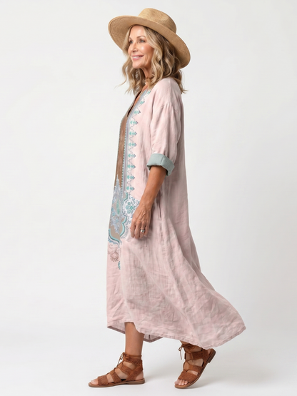 Kenza | Vestido Midi Casual con Bordado y Bolsillos
