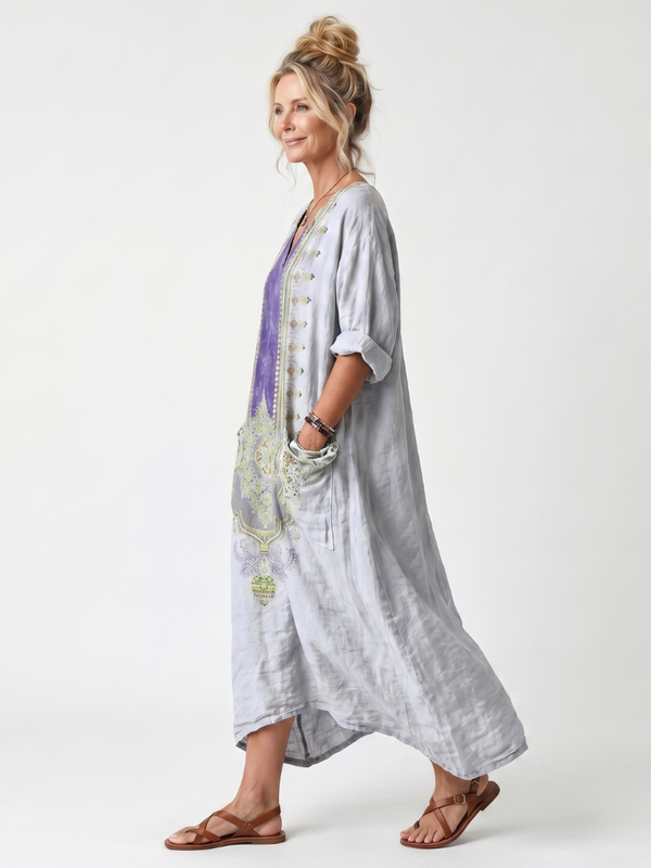 Raina | Vestido Midi Oversize con Empalme Contrastante Bordado y Bolsillos