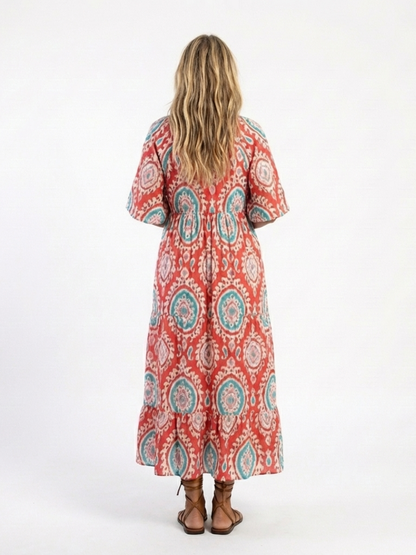 Zaria | Vestido Midi de Manga Corta con Escote en V Estampado Cachemir