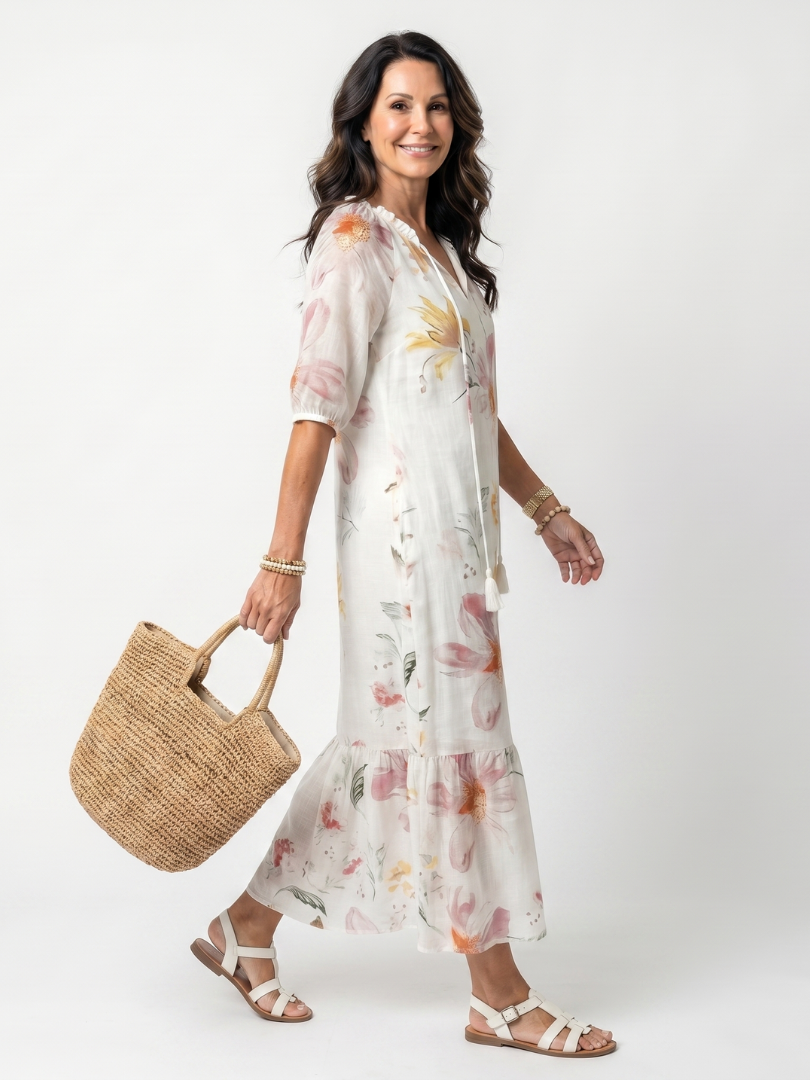 Noa | Vestido Midi de Volantes y Pompones con Estampado Floral Suave