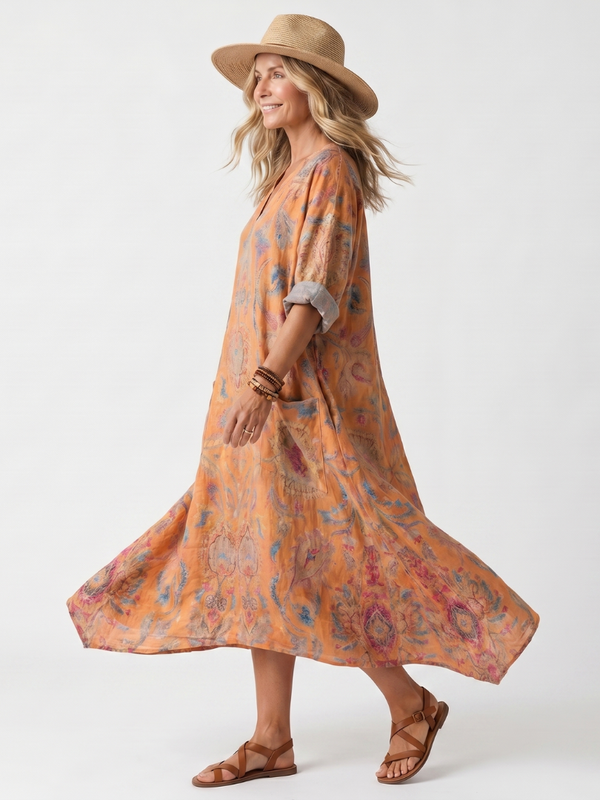 Remi | Vestido Midi Oversize con Cuello Con Escote Impreso y Bolsillos