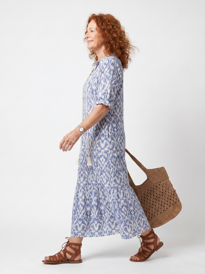 Ottoline | Vestido Midi Impreso con Cuello Atado y Pompones
